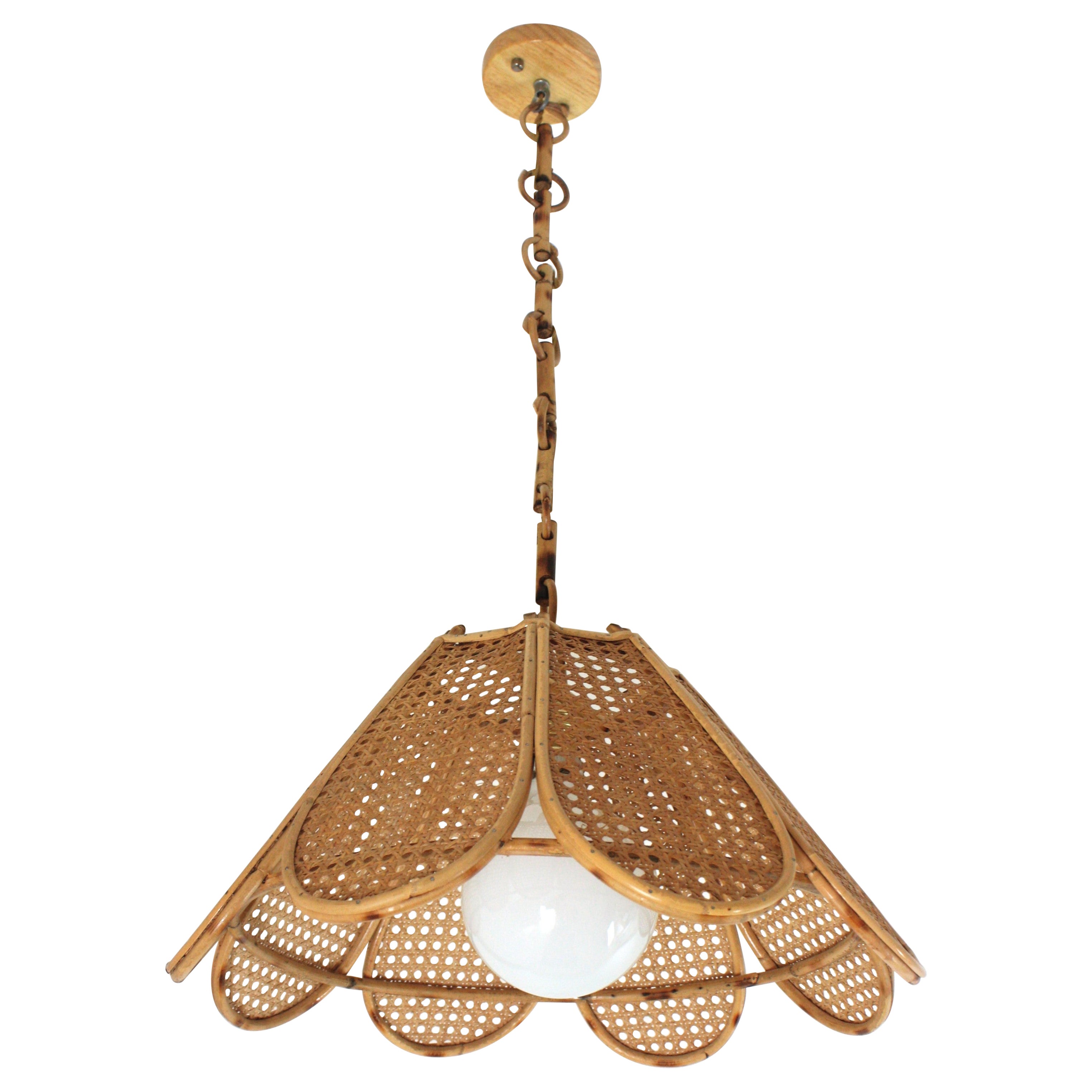 Spanish Modernist Woven Wicker Rattan Palm Pendant Light / Lantern, 1960 For Sale