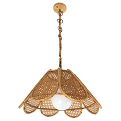 Spanish Modernist Woven Wicker Rattan Palm Pendant Light / Lantern, 1960