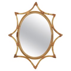 Bamboo Rattan Starburst Sunburst Oval Mirror, 1960s