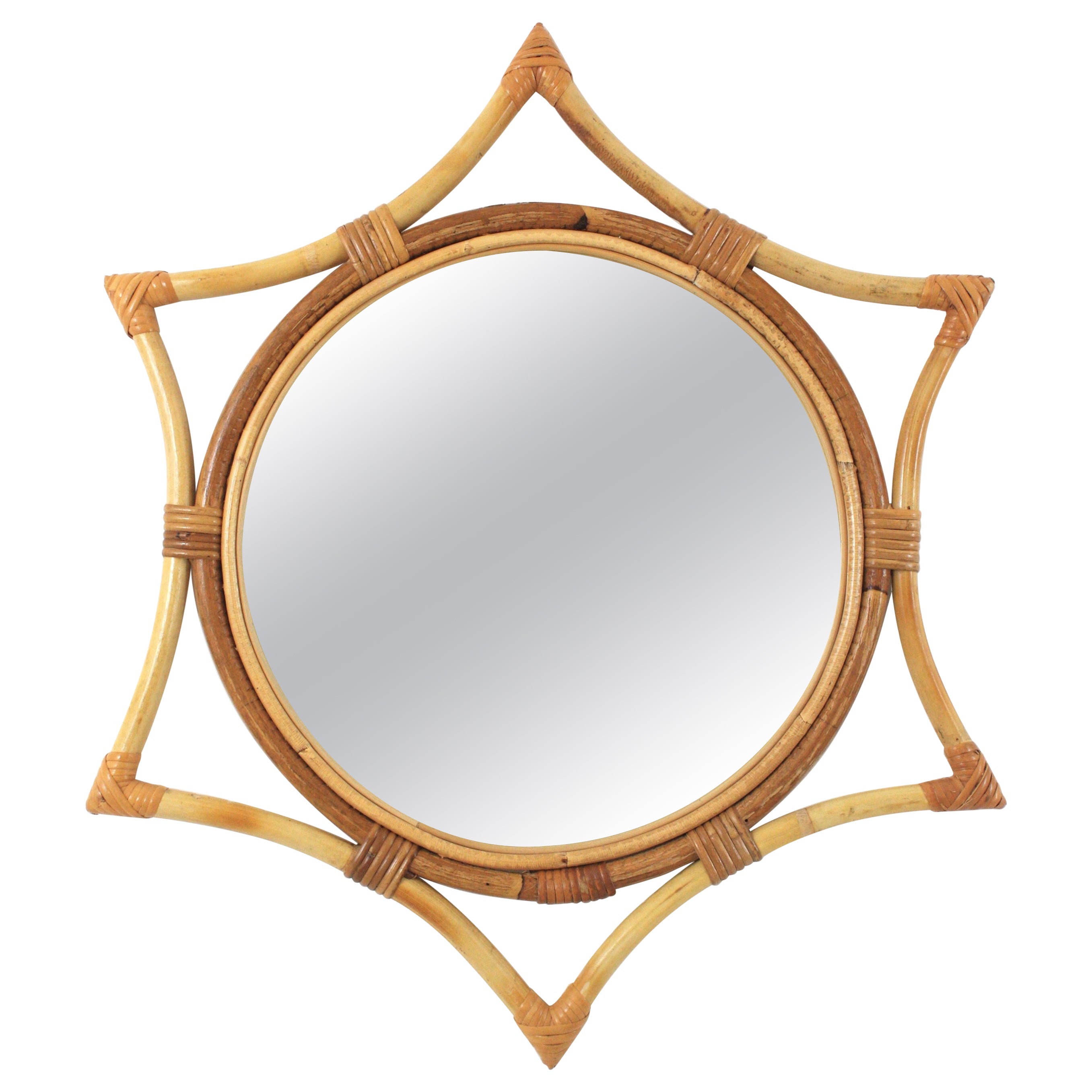Miroir en bambou et rotin étoilé Sunburst, années 1960