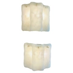 Pair of 1970s Austrian Frosted White Glass & Gold Metal Wall Lights Sconces