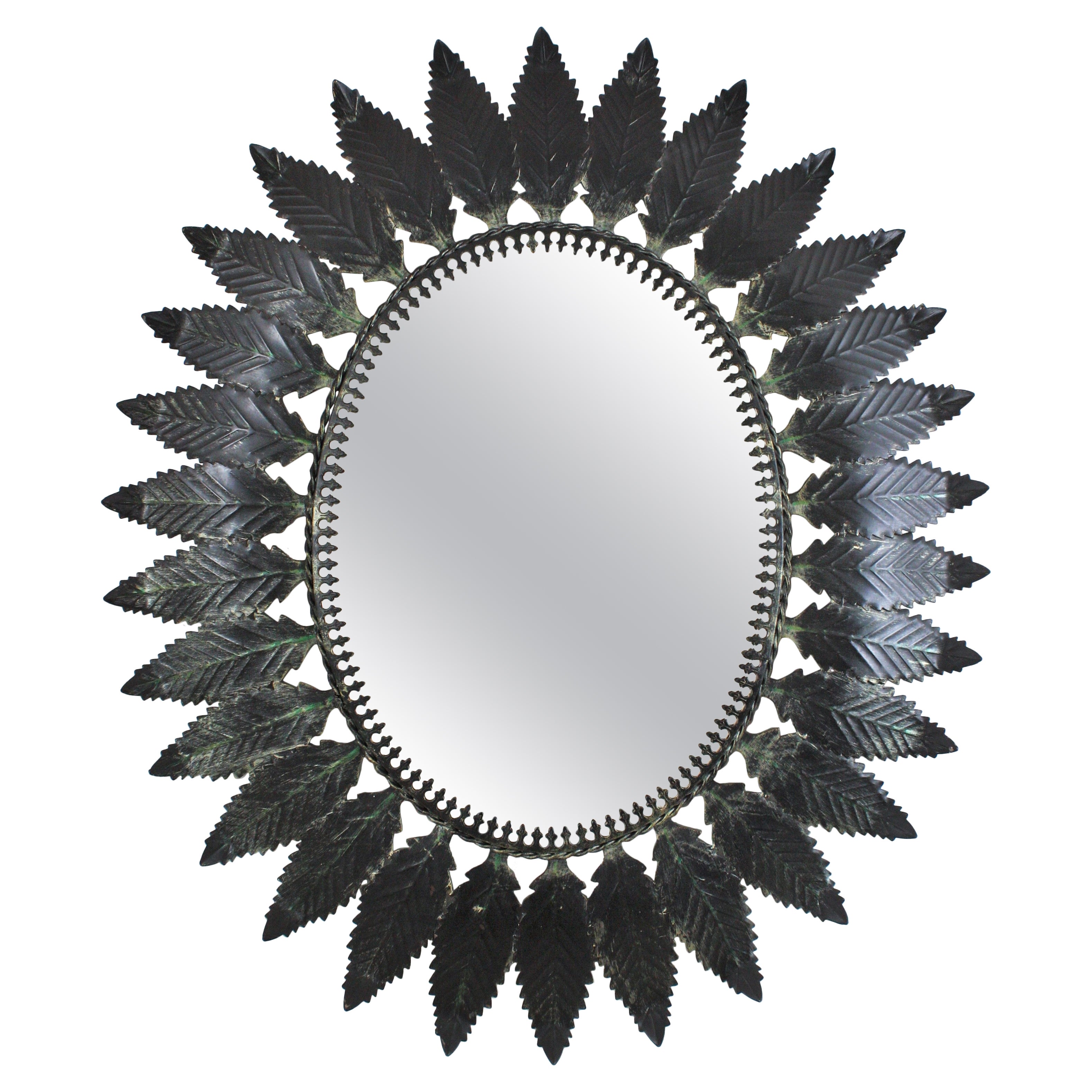 Spanish Sunburst Leafed Oval Mirror in Patinated Metal