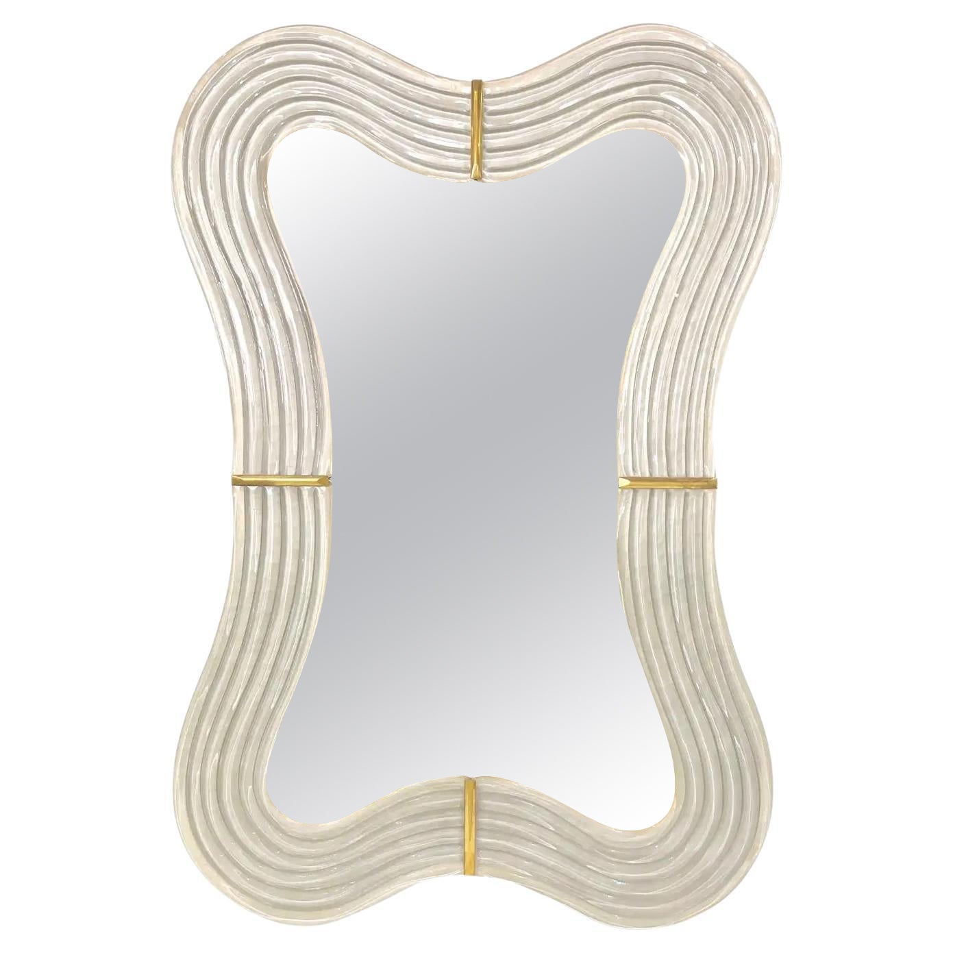 Contemporary Italian Pearl White Cream Murano Glass Brass Backlit Curved Mirror For Sale