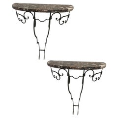 Pair of French Poillerat Style Marble Top Demi Lune Wall-Mount Console Tables