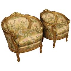 20th Century Golden Wood Floral Fabric Pair of Armchairs