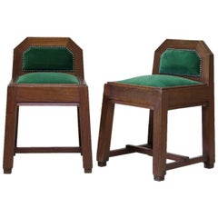 Coppia di sgabelli Arts and Crafts in Oak massiccio, Francia, inizio XX secolo
