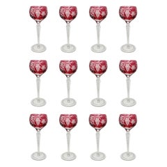 Set of 12 Estate German Cranberry Cut-to-Clear Crystal Wine Glasses, Circa 1930.