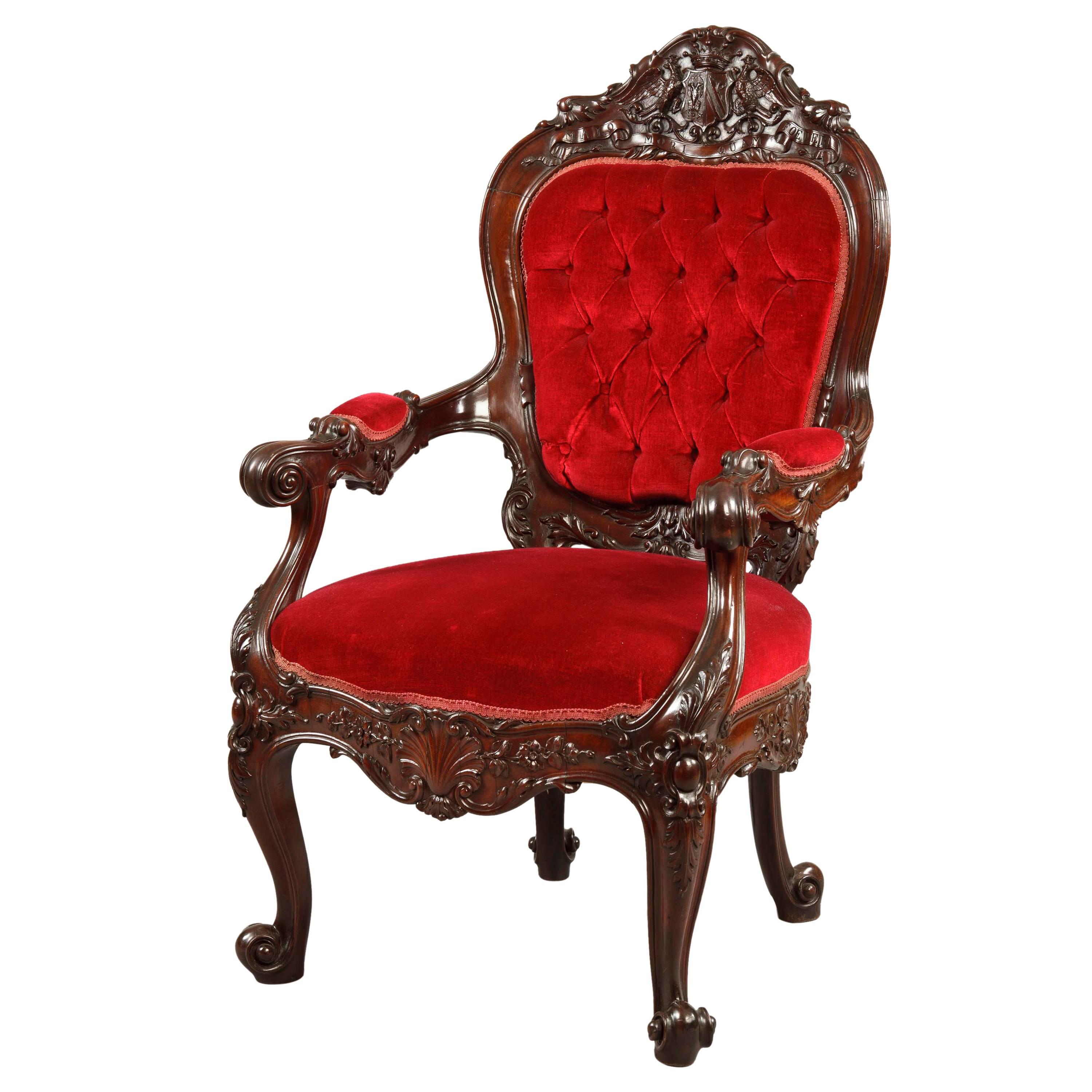 Fauteuil de bibliothèque en acajou sculpté William IV avec tapisserie en velours rouge