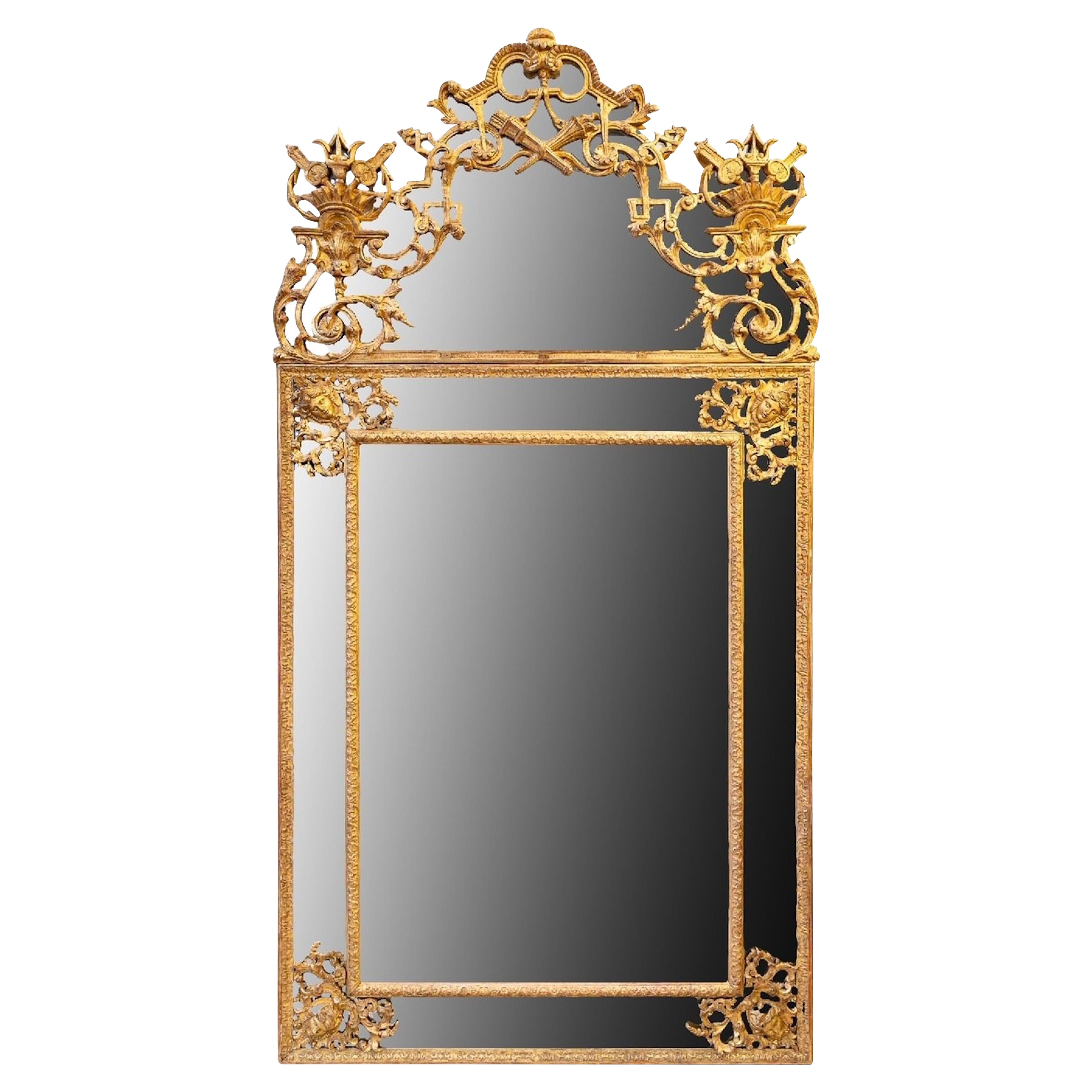 A Large Louis XIV Period Giltwood Pediment Mirror, Early 18th Century