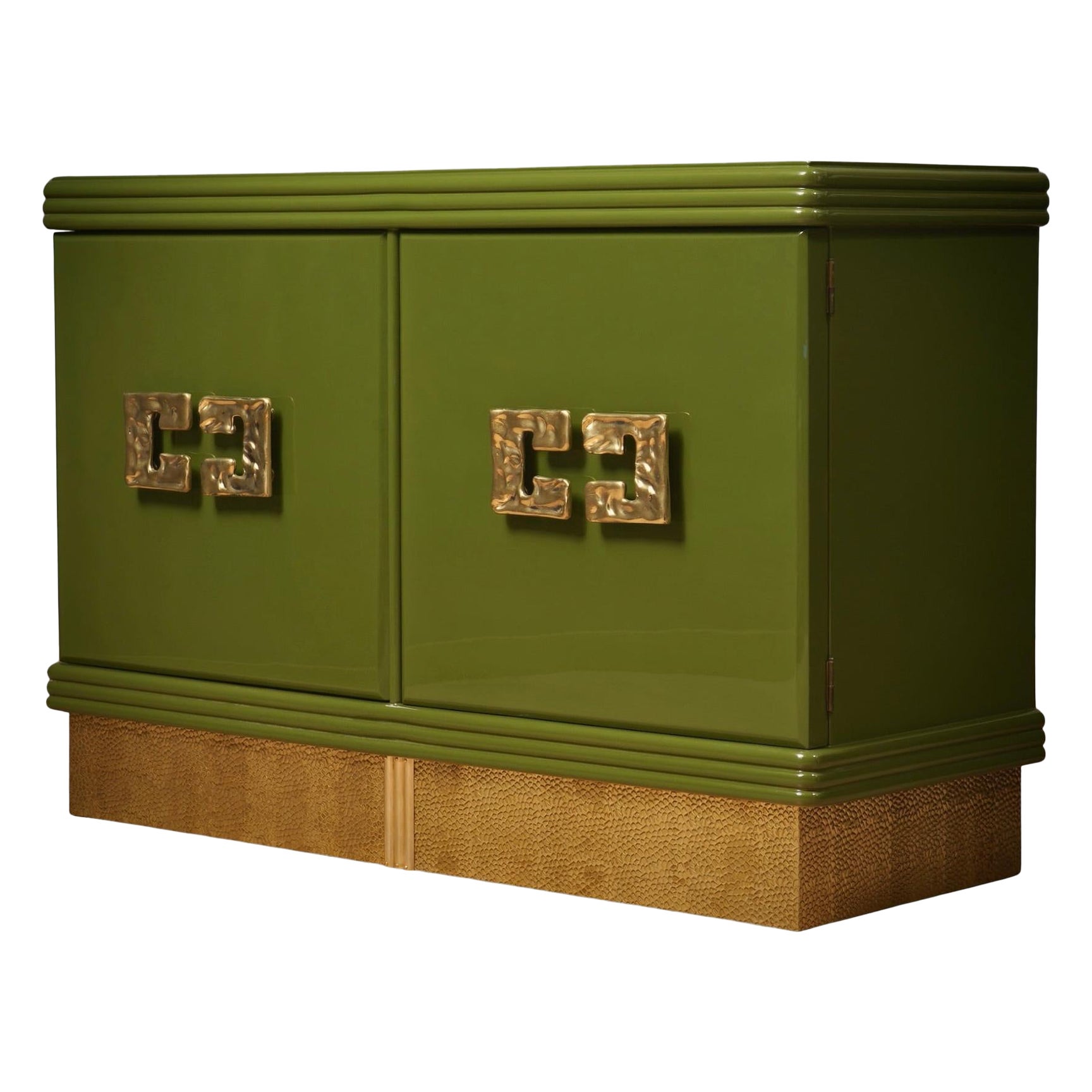 MidCentury Green Color and Brass Dry Bar Credenze Buffet Sideboard, 1980