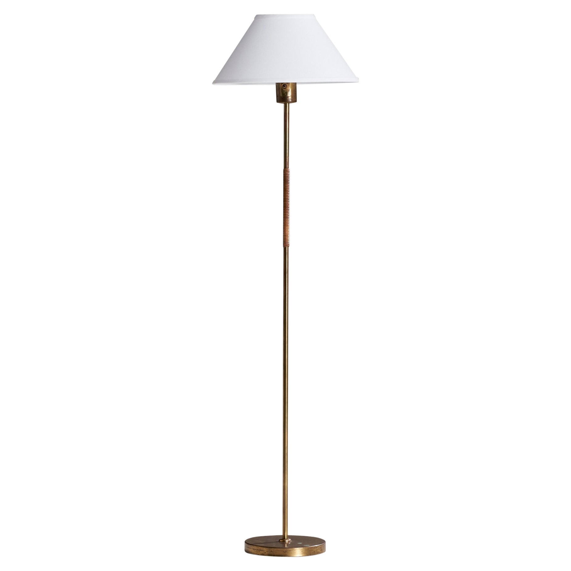 Paavo Tynell, Floor Lamp, Brass, Rattan, Fabric, Finland, 1950s