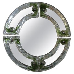 Espejo italiano redondo de cristal de Murano verde de mediados de siglo, Mazzega, 1960