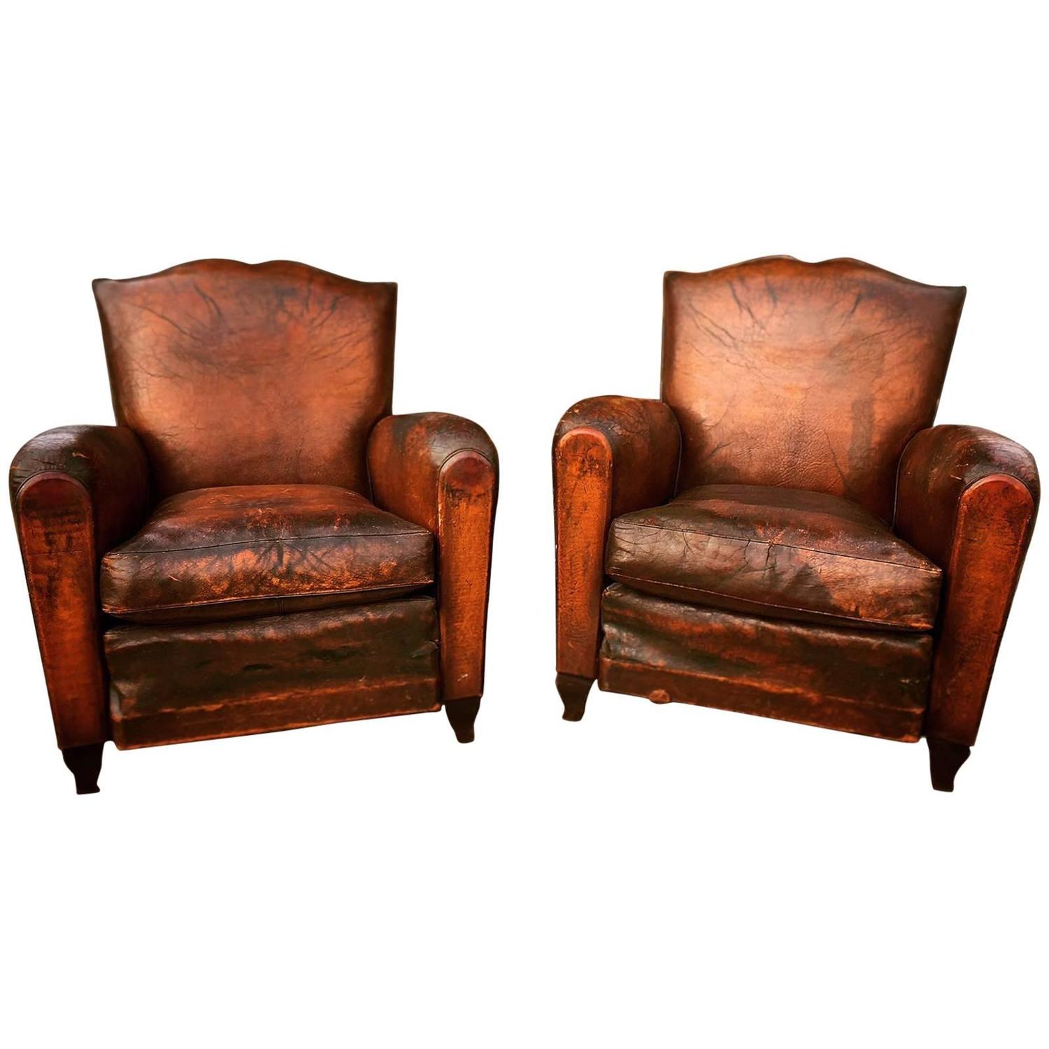 1930s French Art Deco Moustache Leather Lounge/ Club Chairs For Sale at