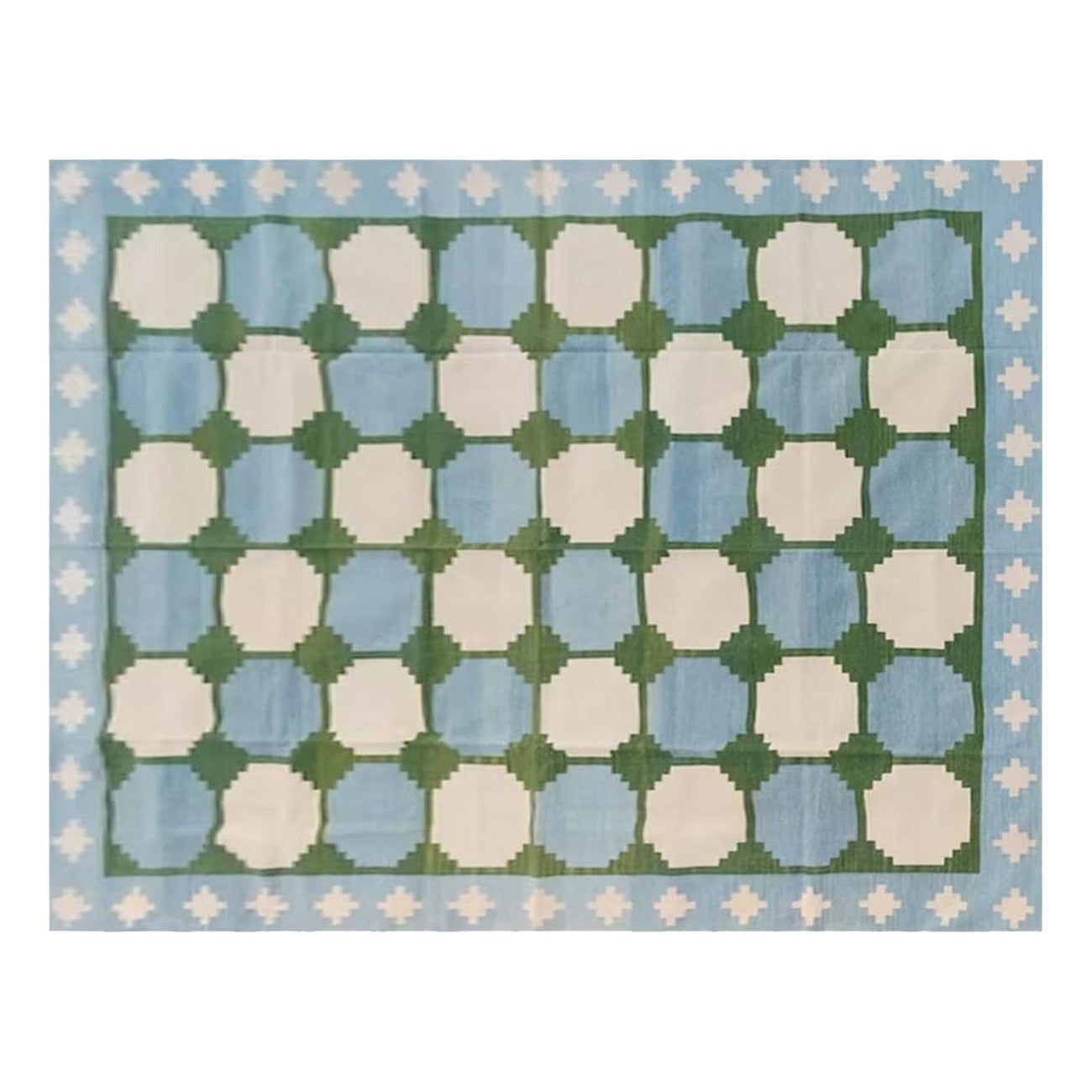 Handmade Cotton Area Flat Weave Rug, 6x9 Blue And Green Tile Indian Dhurrie Rug