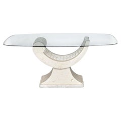 Curved Tessellated Stone Pedestal Dining Table with Oval Glass Top