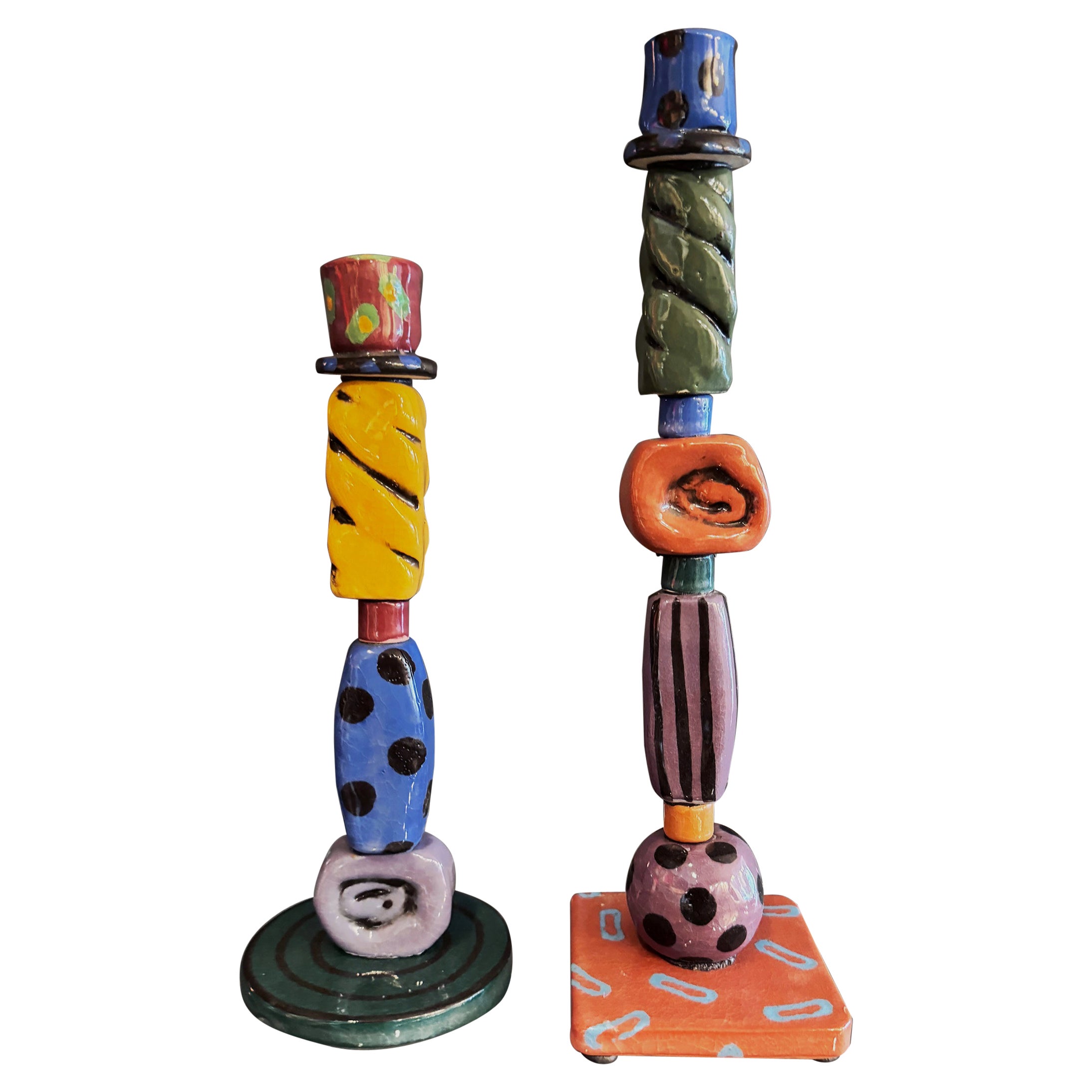 Post Modern Memphis Milano Studio Pottery Candlesticks, Signed Mueller '97 Pai