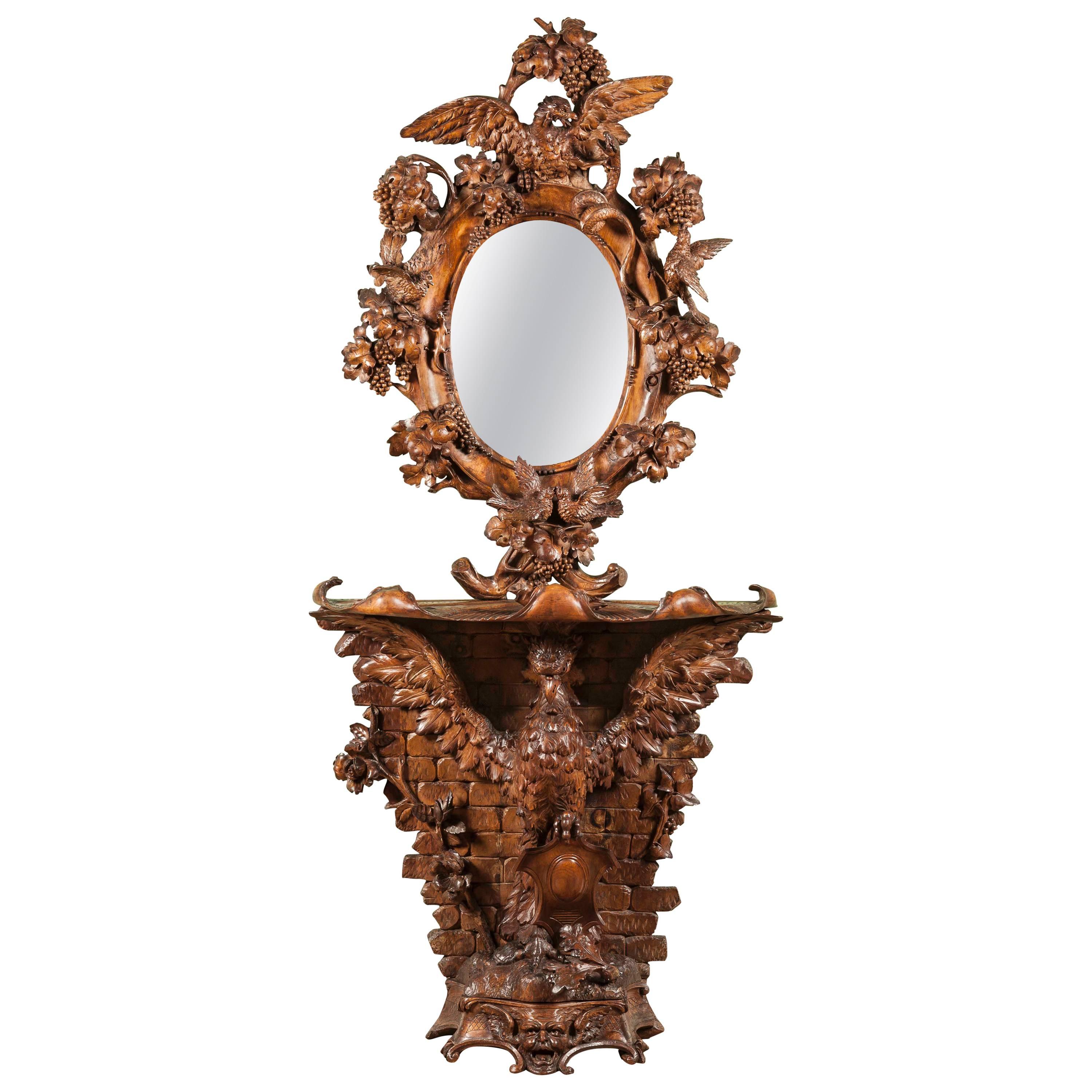 19th Century Italian Carved Walnut Console Table and Mirror