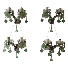 c 1920 Raro juego de cuatro apliques de cristal de Murano verde con cinta de flores Único en su especie