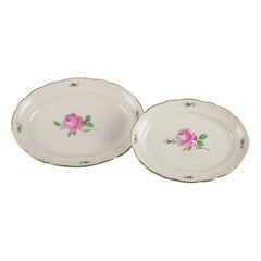Antique Meissen, two large oval "Pink Rose" serving platters in porcelain.