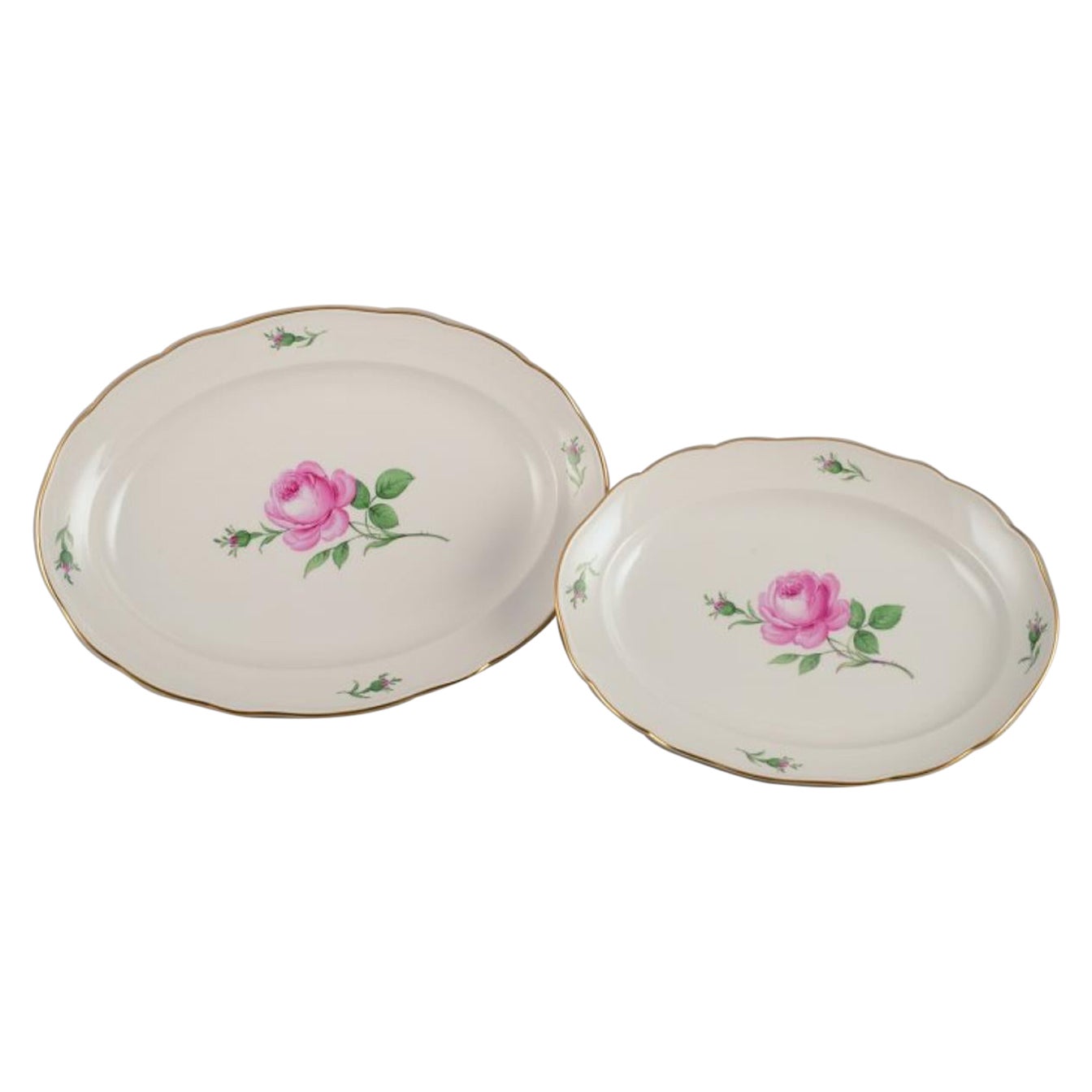 Meissen, dos grandes fuentes ovaladas para servir "Rosa rosa". Años 20/30