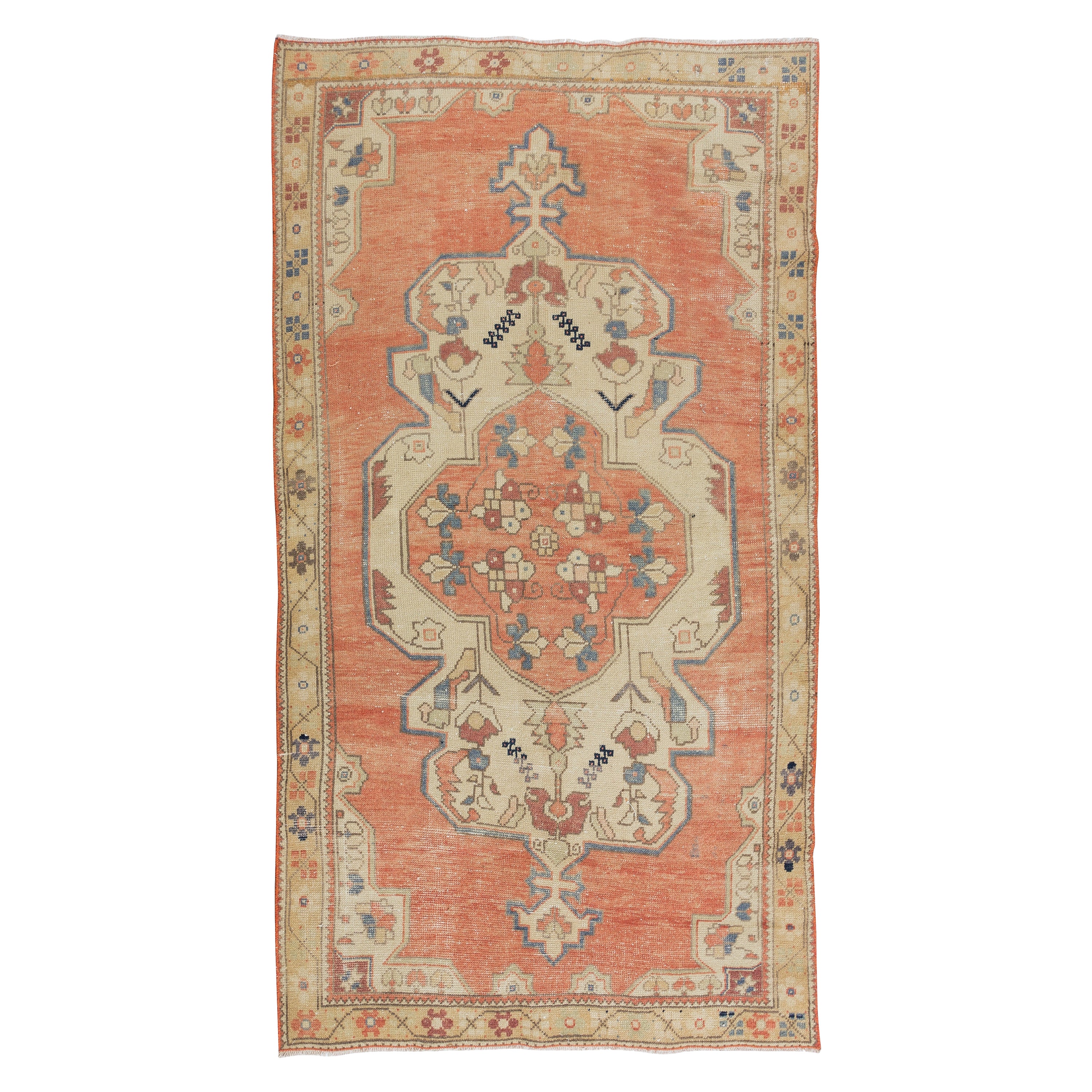 4.2x7.8 Ft Vintage Handmade Medallion Design Turkish Rug in Red, Blue and Beige