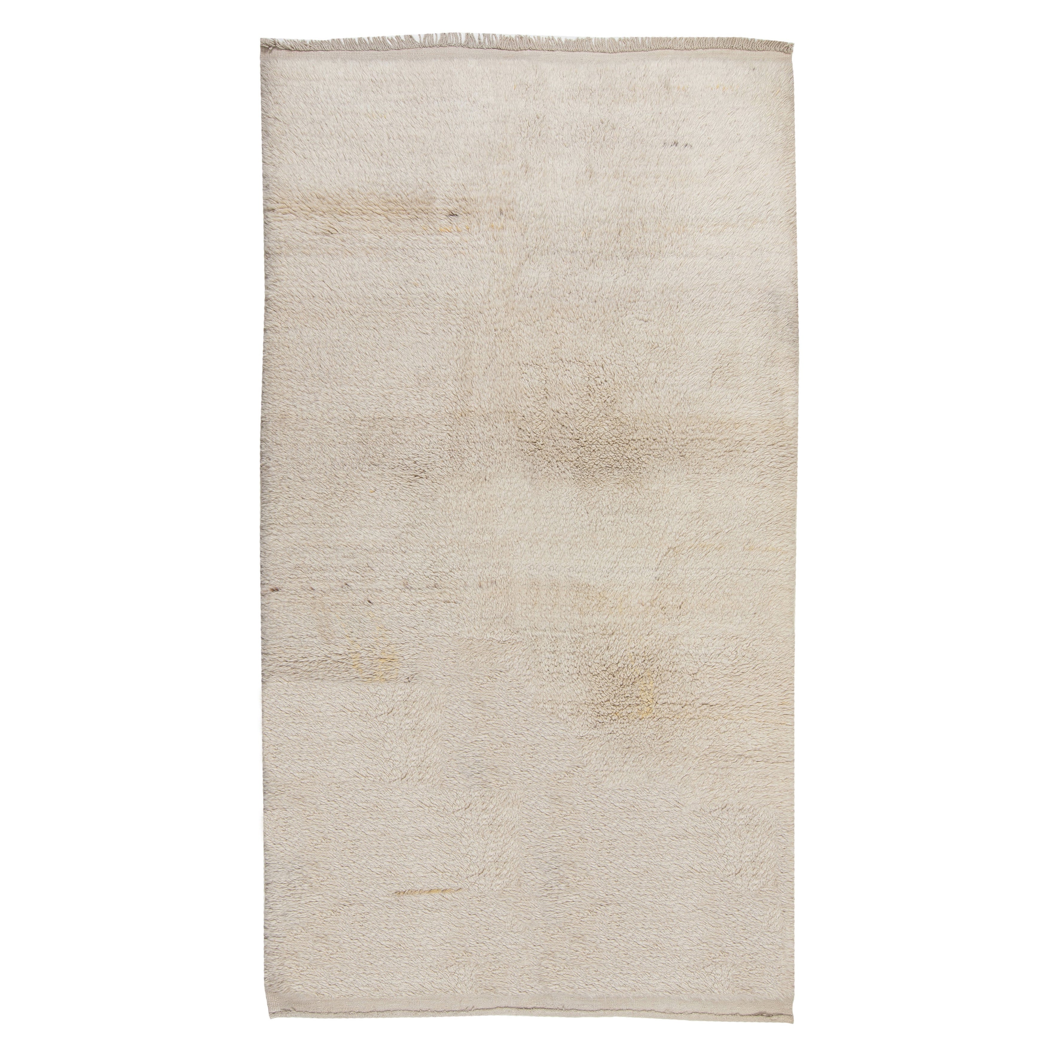Alfombra turca Tulu Vintage de 4,5x9 pies, color crema liso, hecha a mano, 100% lana natural
