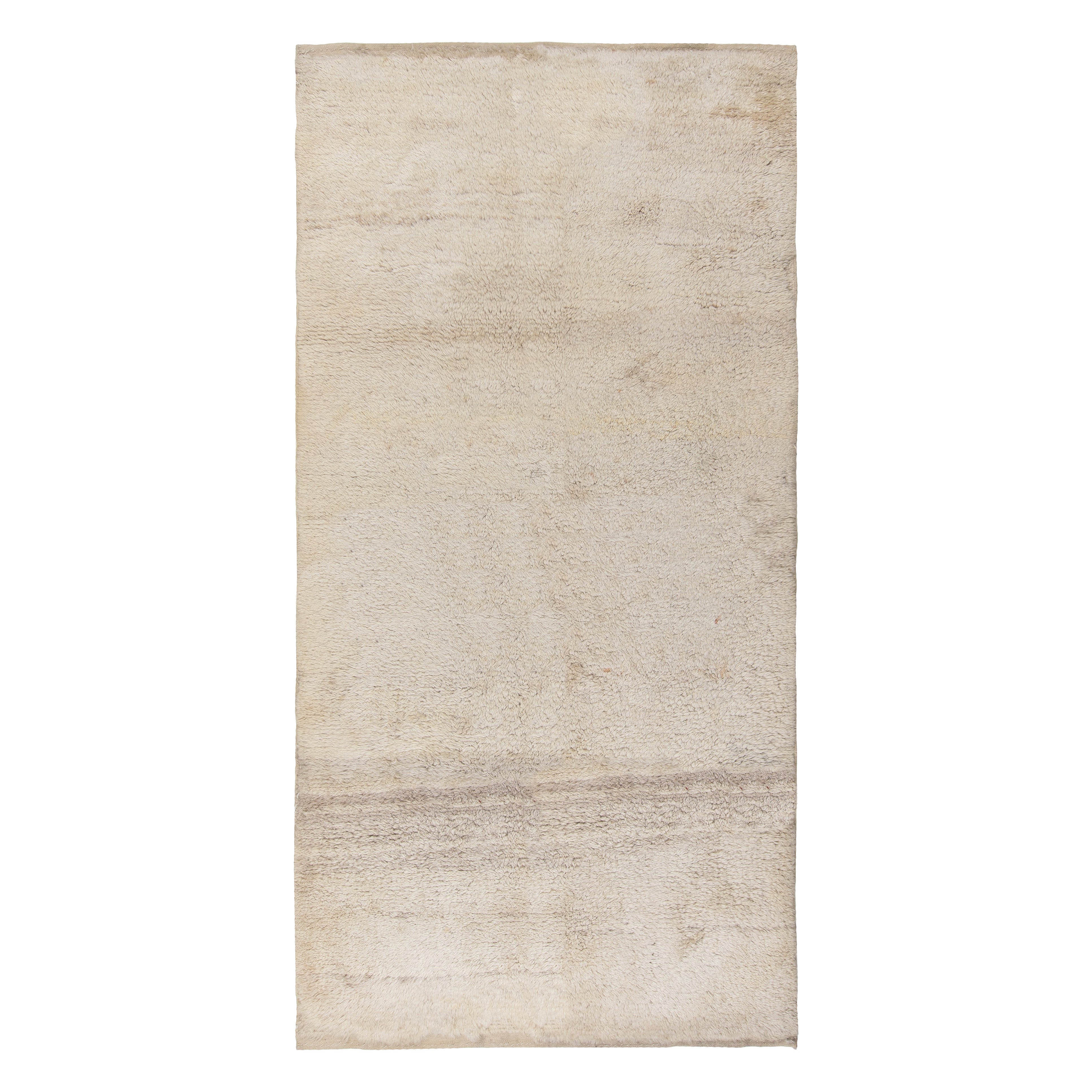 4.7x9 Ft Vintage Handmade Plain Cream Color Turkish Tulu Rug, 100% Natural Wool