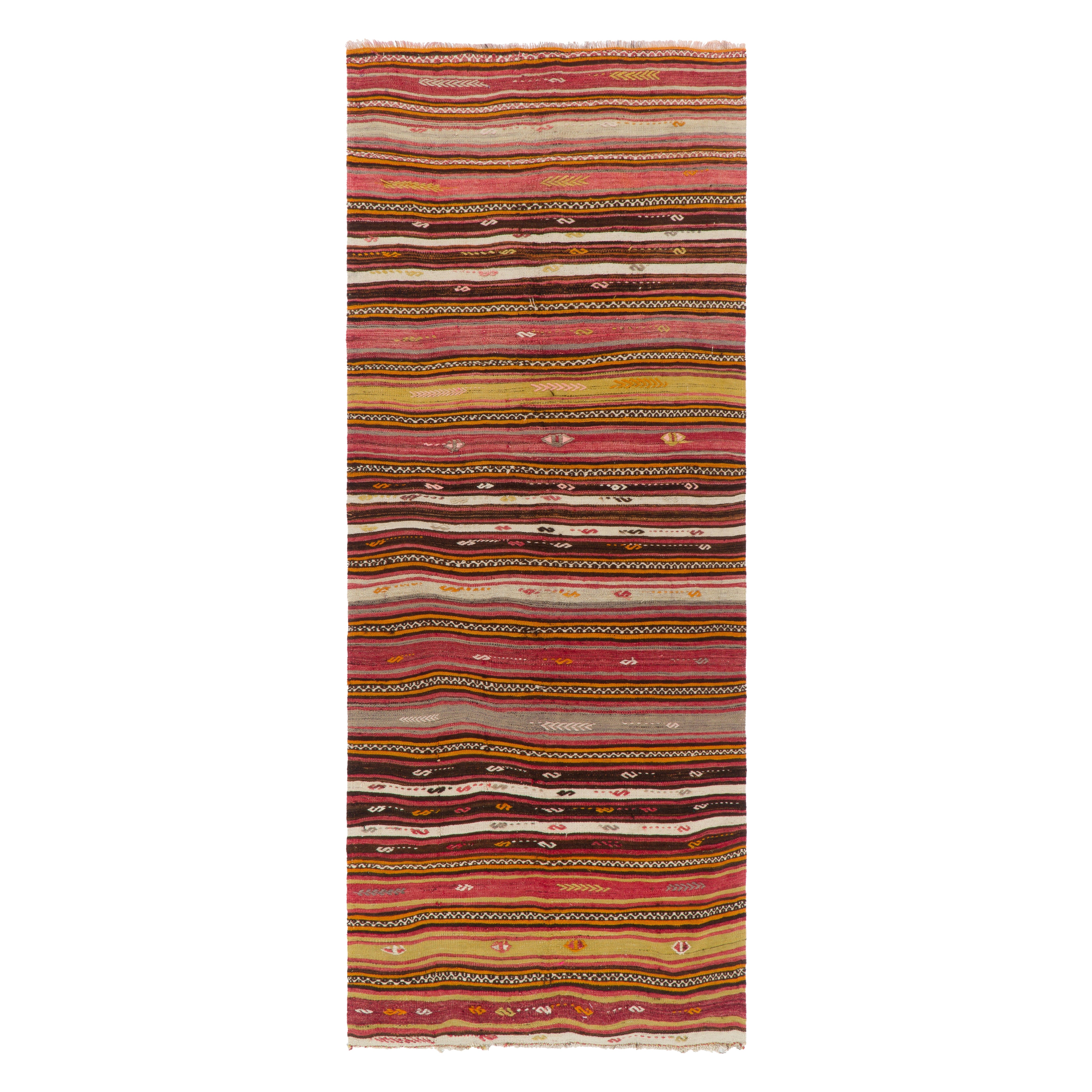 Kilim turco tejido a mano de rayas vintage de 4,7x11 pies. Alfombra de tejido plano, 100% lana