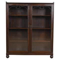 Antique Arts & Crafts Carved Mahogany Glass Front Double Bookcase, Circa 1900