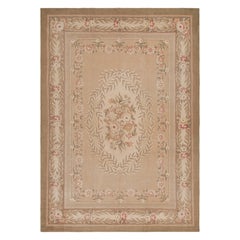 Antique Hand Hooked Medallion Cream Pink and Beige Wool Floral Rug