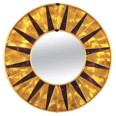 Sunburst Mosaic Round Wall Mirror with Golden Garnet Frame, Spain 1950
