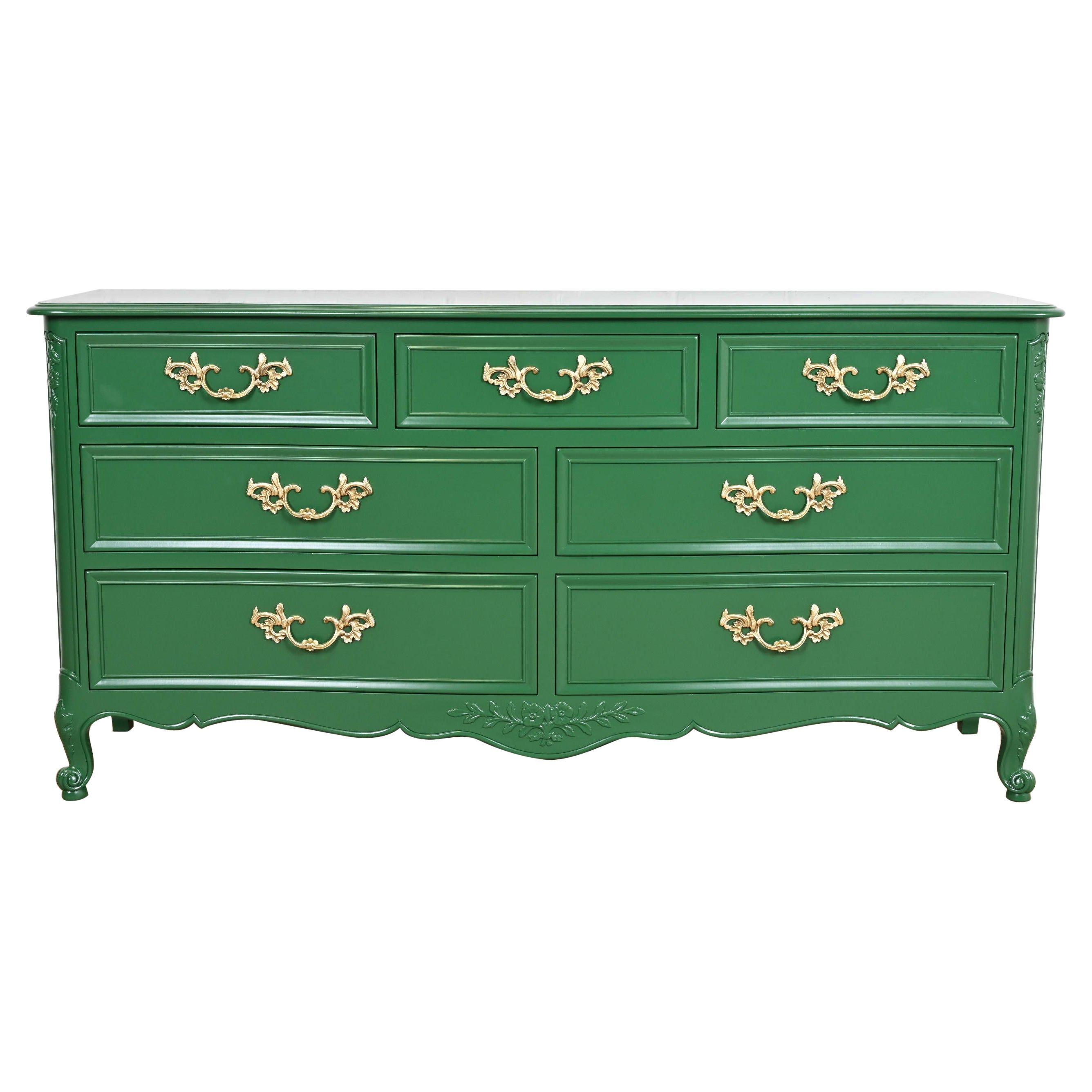 Kindel Furniture French Provincial Louis XV Green Lacquered Dresser, Refinished