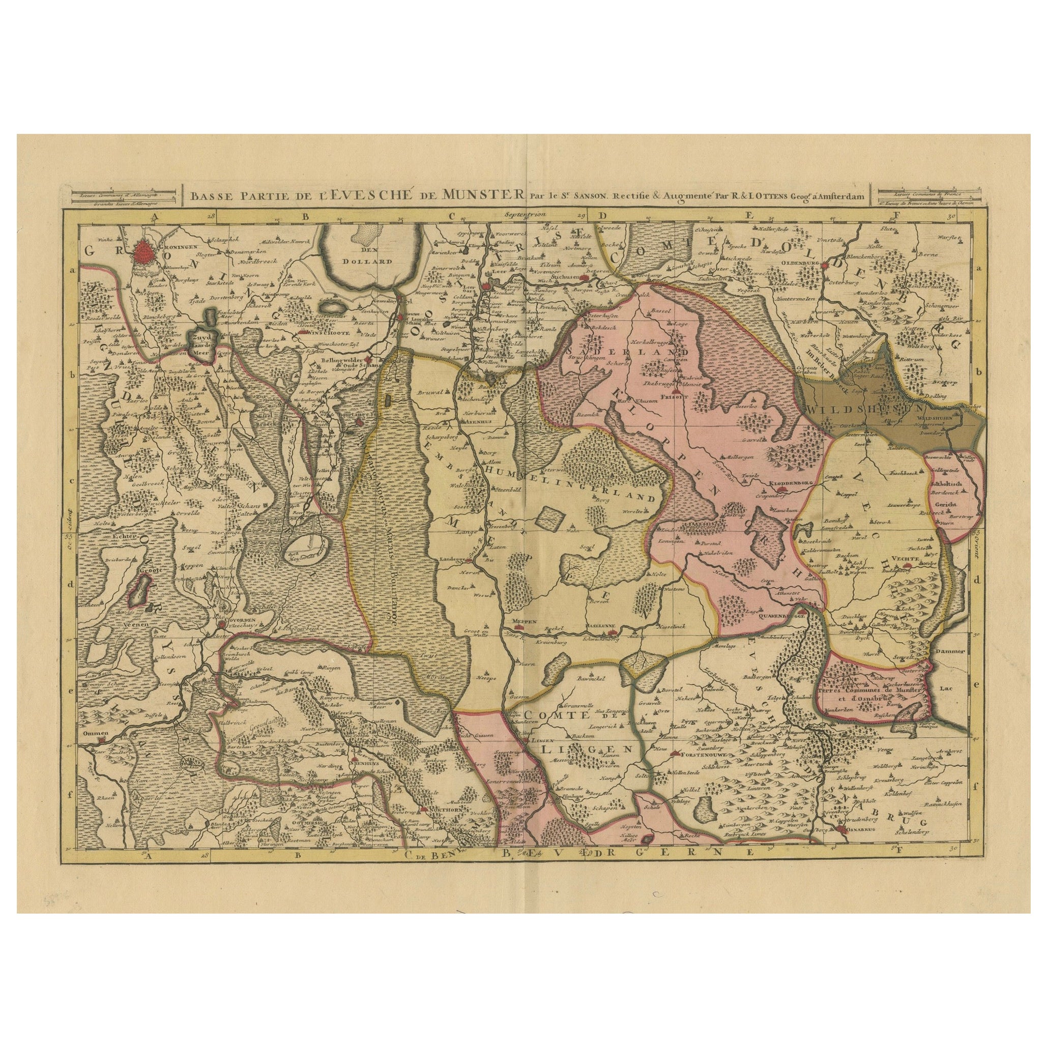 Ancienne carte de l'évêché inférieur de Münster (1726-1750) par Sanson & Ottens, c.1750 en vente