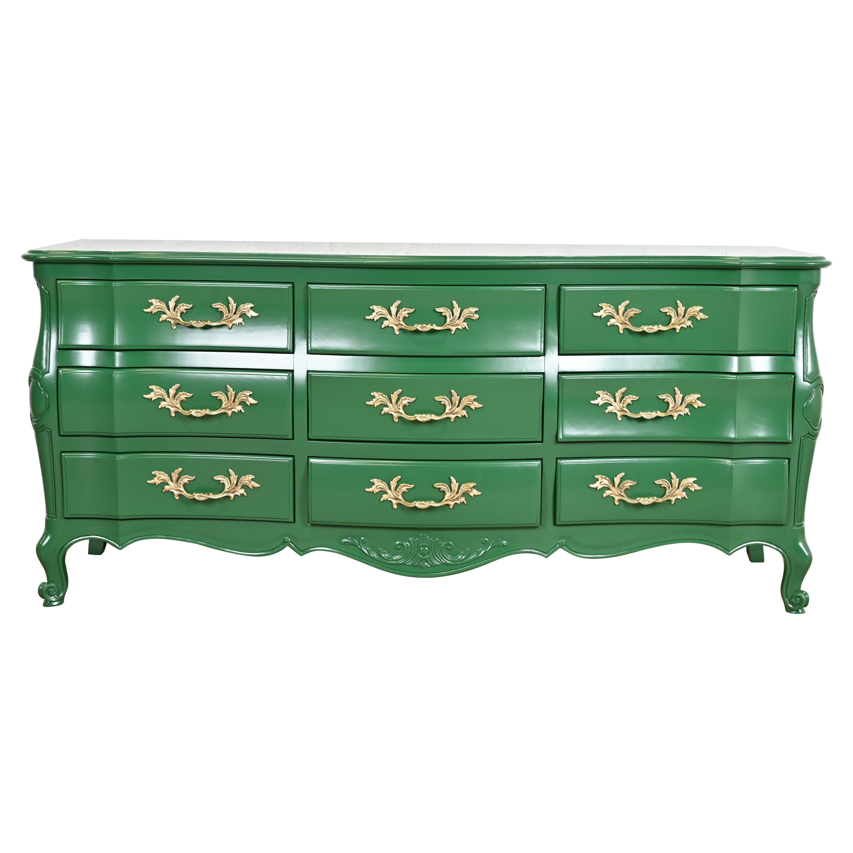 John Widdicomb French Provincial Louis XV Green Lacquered Triple Dresser