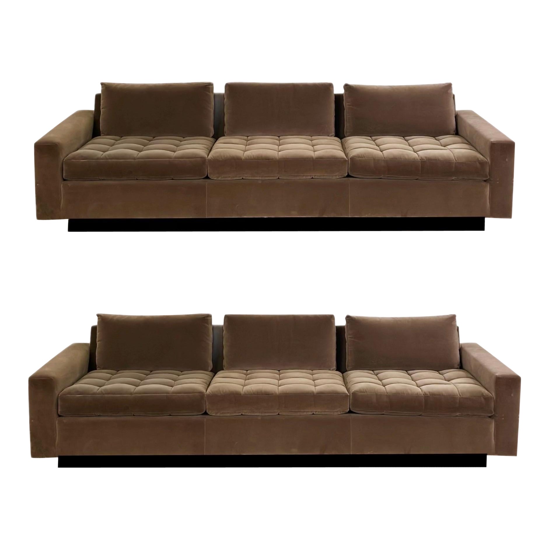 Harvey Probber Tuft Mocha Brown Donghia Velvet Recessed 3-Seater Sofas – a Pair