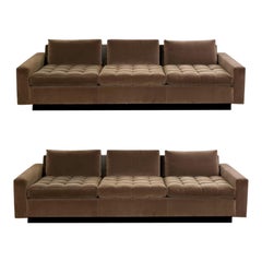 Harvey Probber Tuft Mocha Brown Donghia Velvet Recessed 3-Seater Sofas – a Pair