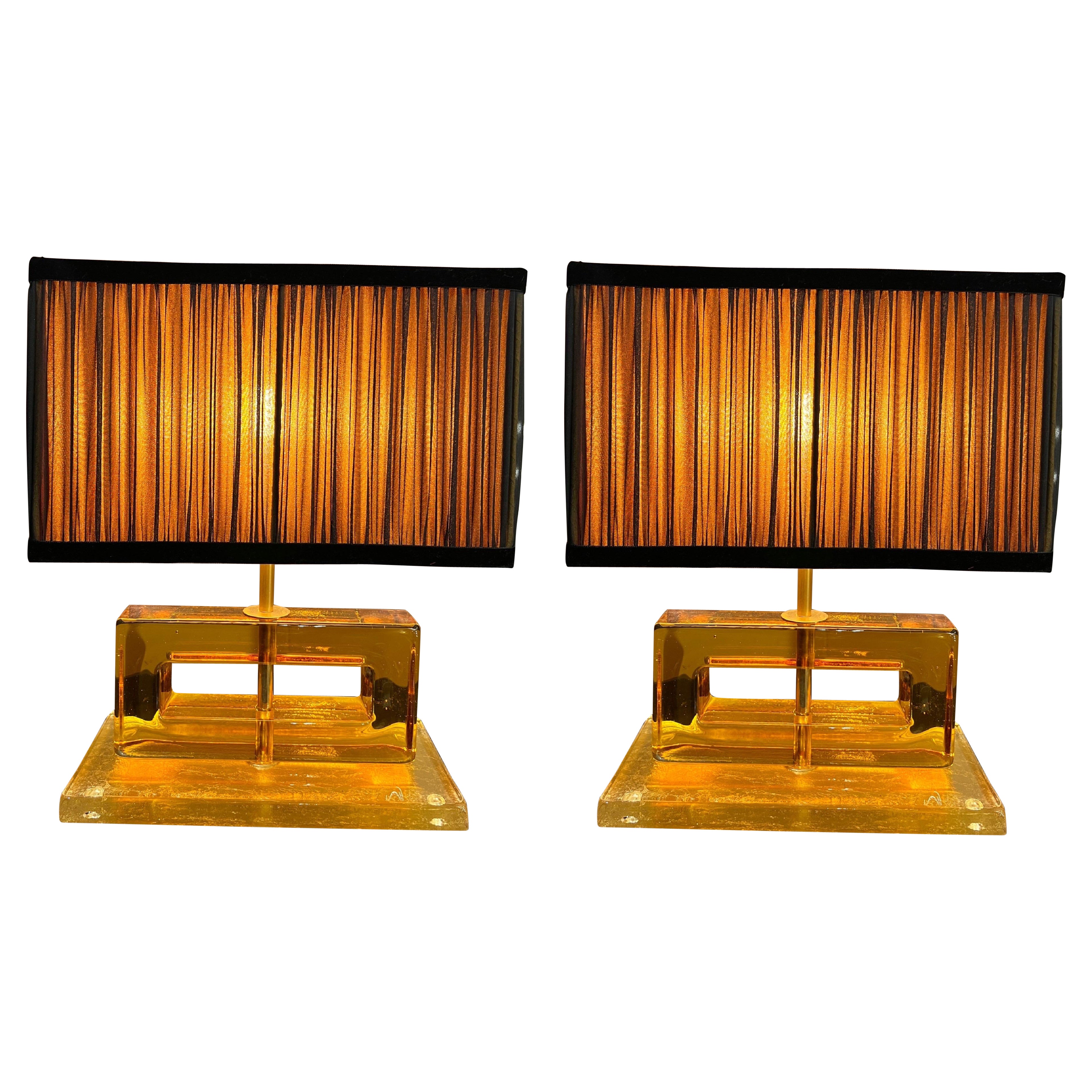 Amber Color Murano Glass Blocks Lamps with Our Matching Lampshades, 1970s