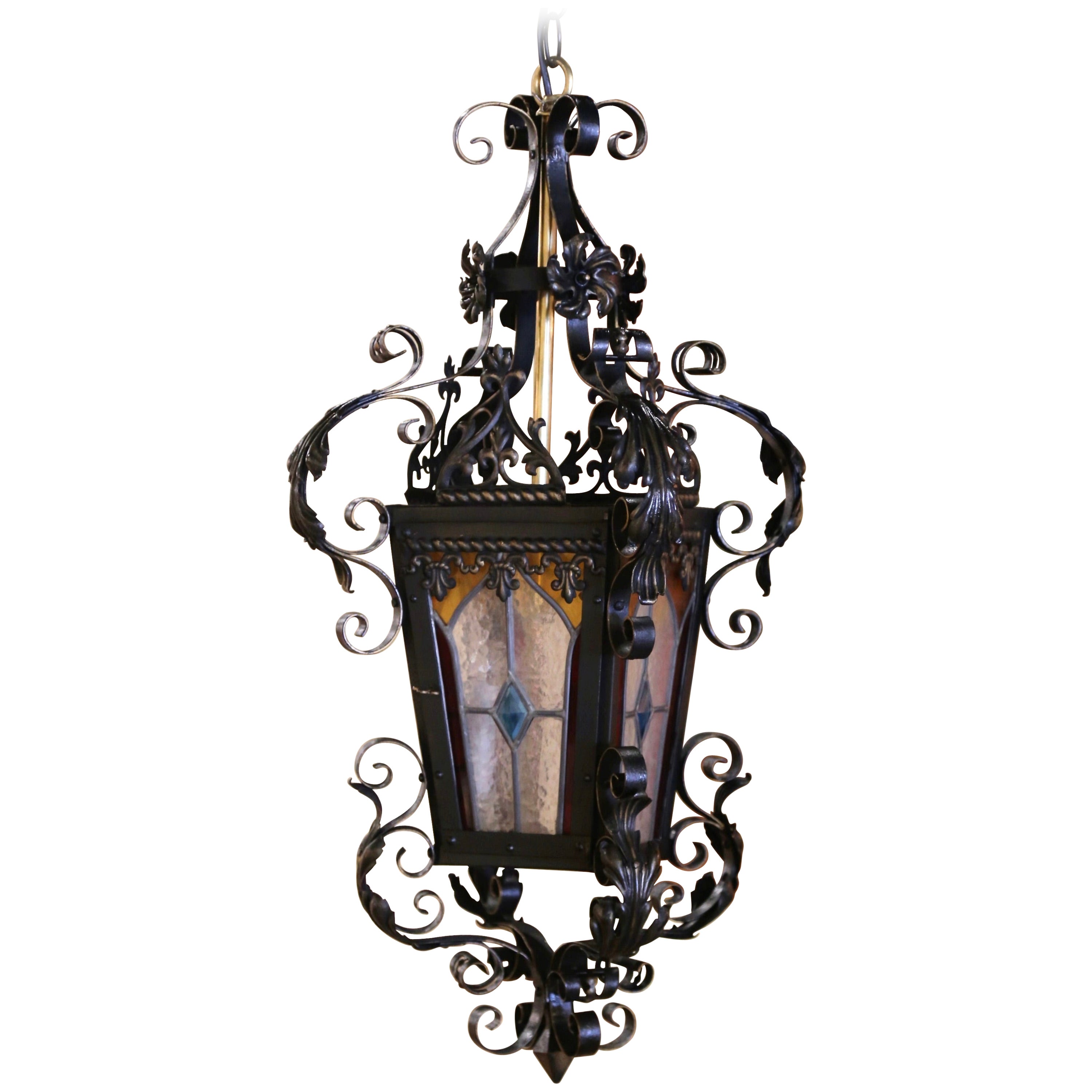 19th Century French Napoleon III Iron Lantern with Painted Stained Glass Panels