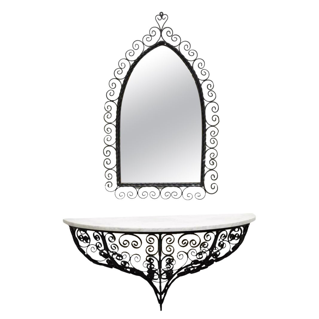 Antique French Art Nouveau Scrolling Wrought Iron Wall Mount Console and Mirror For Sale