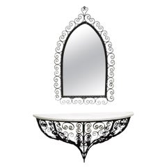 Antique French Art Nouveau Scrolling Wrought Iron Wall Mount Console and Mirror