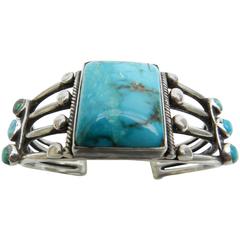Beautiful Vintage Navajo Seven Stone Turquoise Coin Silver Bracelet, circa 1930