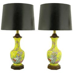 Pair of Paul Hanson Yellow Ceramic Table Lamps with Hand-Painted Cherry Blossoms 1
