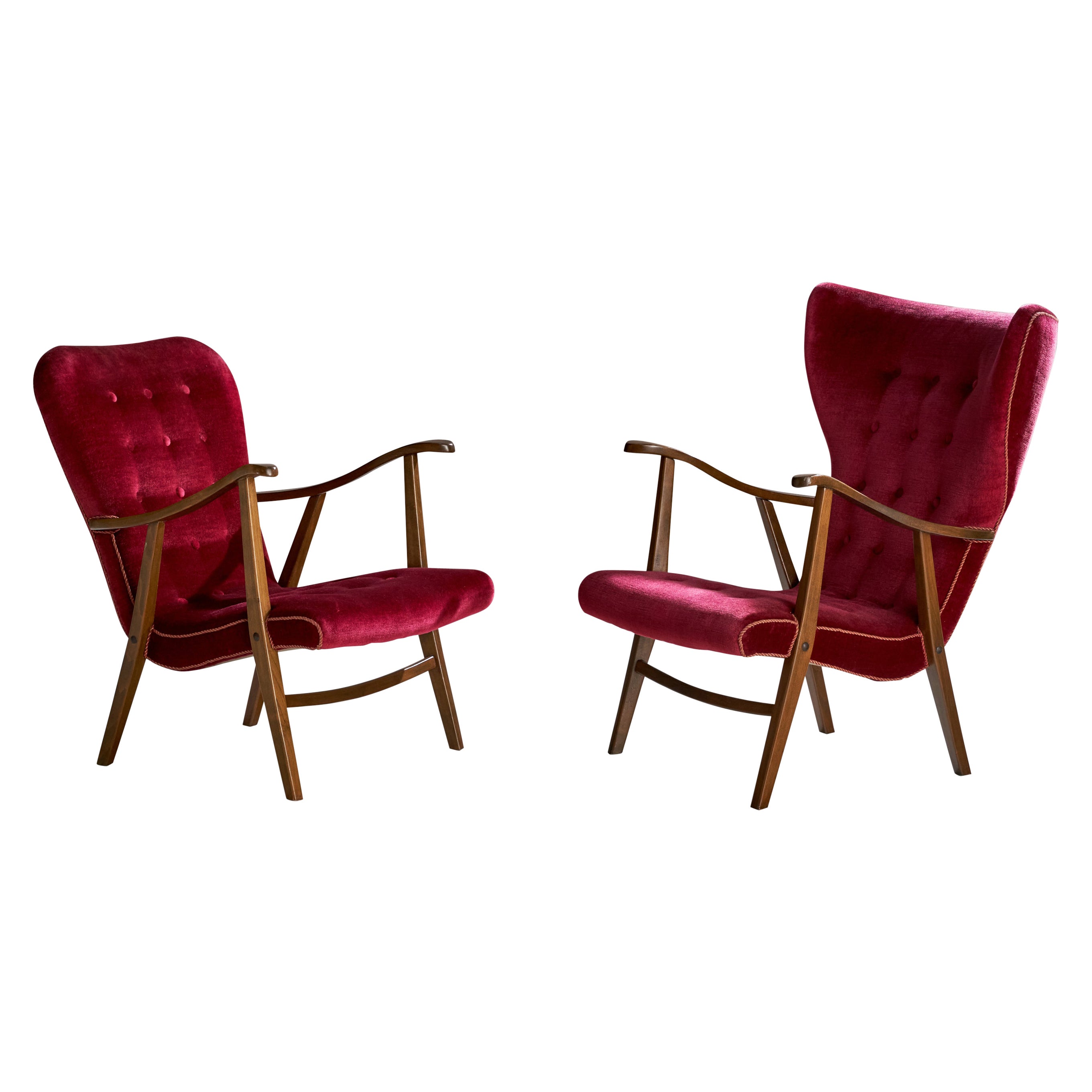 Designer danois, chaises longues, Wood, velours, Danemark, années 1950