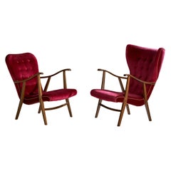 Danish Designer, Lounge Chairs, Wood, Velvet, Denmark, 1950s