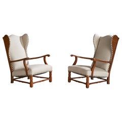 Danish Designer, Lounge Chairs, Oak, Fabric, Brass, Denmark, 1920s