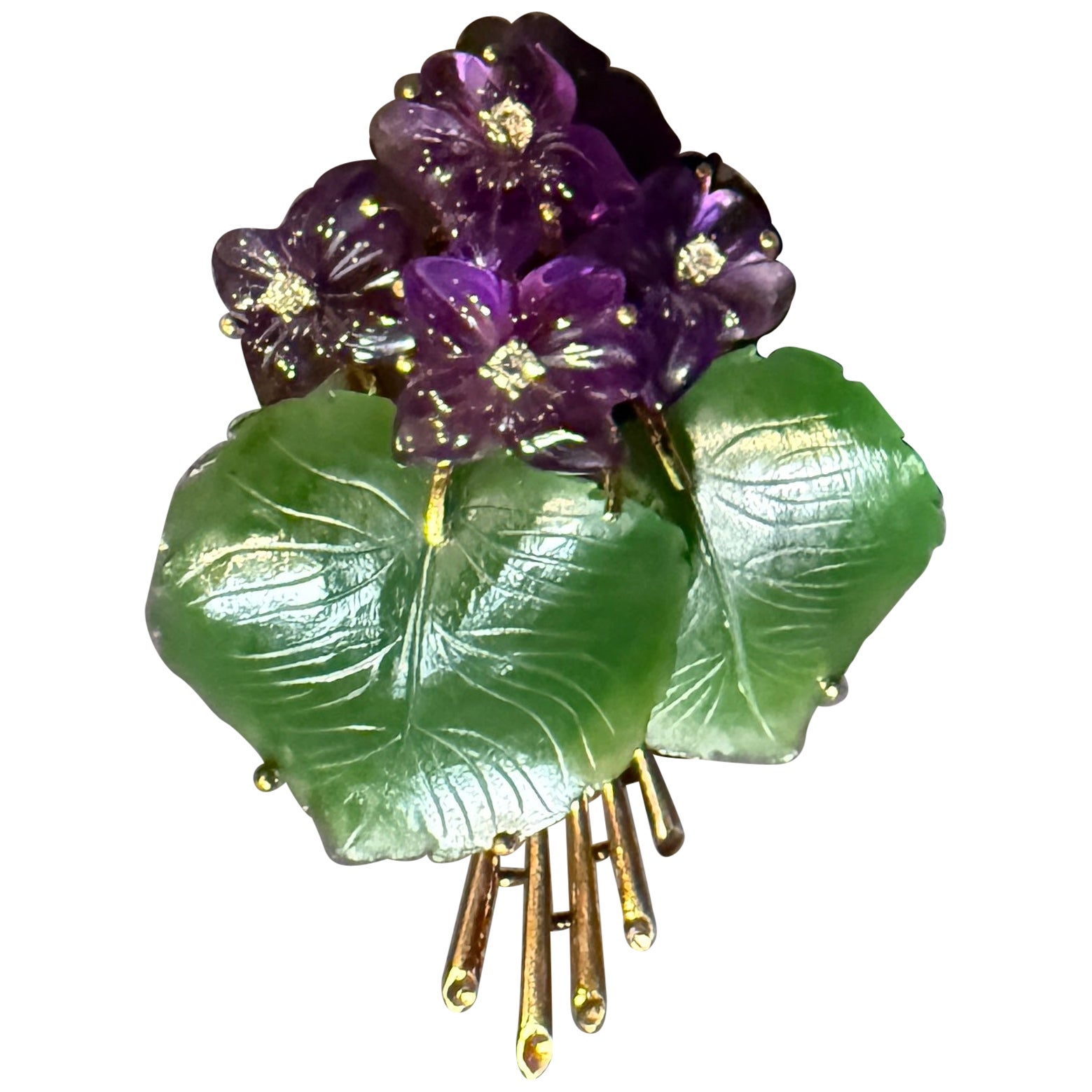 Jade, Amethyst And Diamond 14K Gold Form Brooch Pin