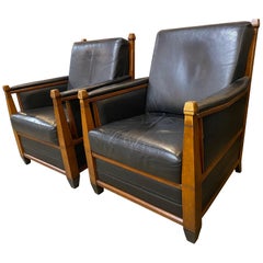 Pair of Art Deco Amsterdam School Leather Chairs, Netherlands, 1930s