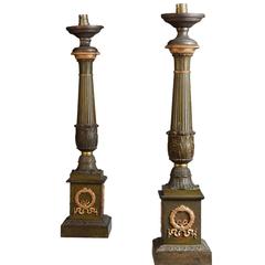Pair of Empire Period Bronze and Tole Painted Lamps