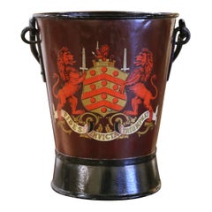 Antique Early 20th Century English Hand-Painted Iron Coal Bucket with Coat of Arms