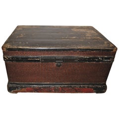 Antique Chinese Late 19th Century Red and Black Woven Trunk